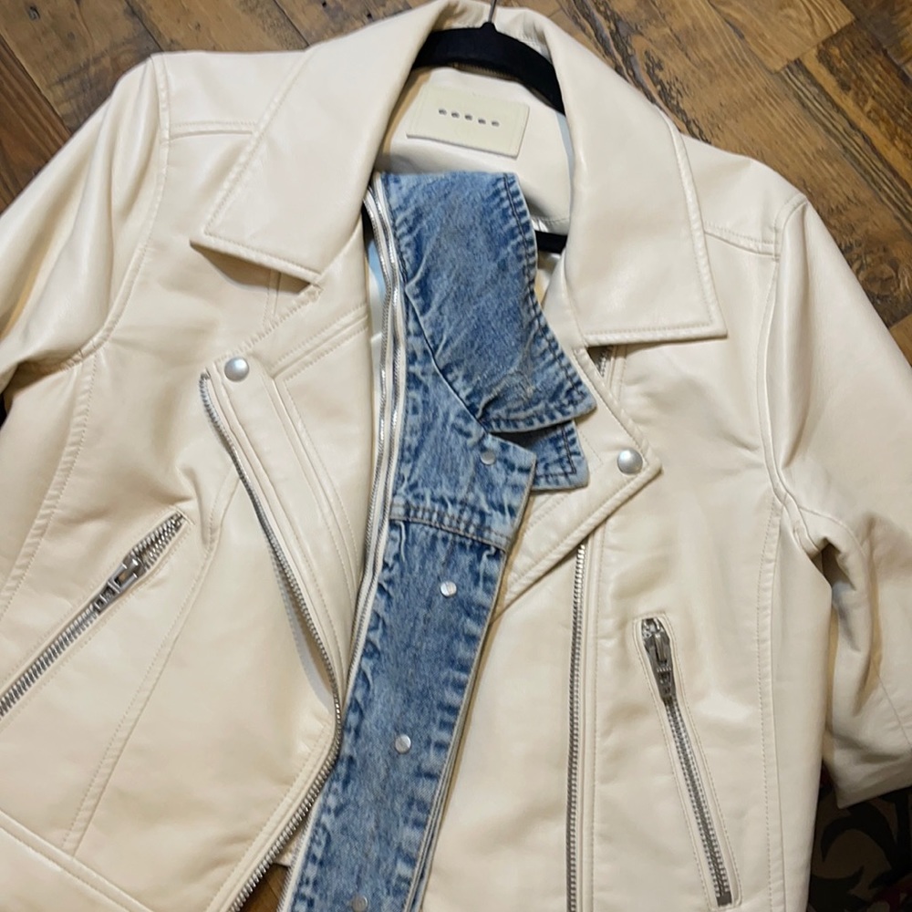 Blank NYC cream moto jacket denim faux LEATHER